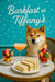 Shiba Inu seated on a woven café chair against a constellation patterned teal wall beside a marble table with glass cups of mixed fruit finger sandwiches and a peach cocktail