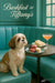 Shih Tzu seated on a turquoise banquette beside a black café table with pink macarons blackberries tea sandwiches and a peach brunch cocktail under a Barkfast at Tiffanys sign