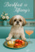 Shih Tzu seated on a turquoise banquette beside a marble table with a silver tray holding a lemon tart topped with meringue kisses strawberry pastry toasts and a pink brunch cocktail by white flowers