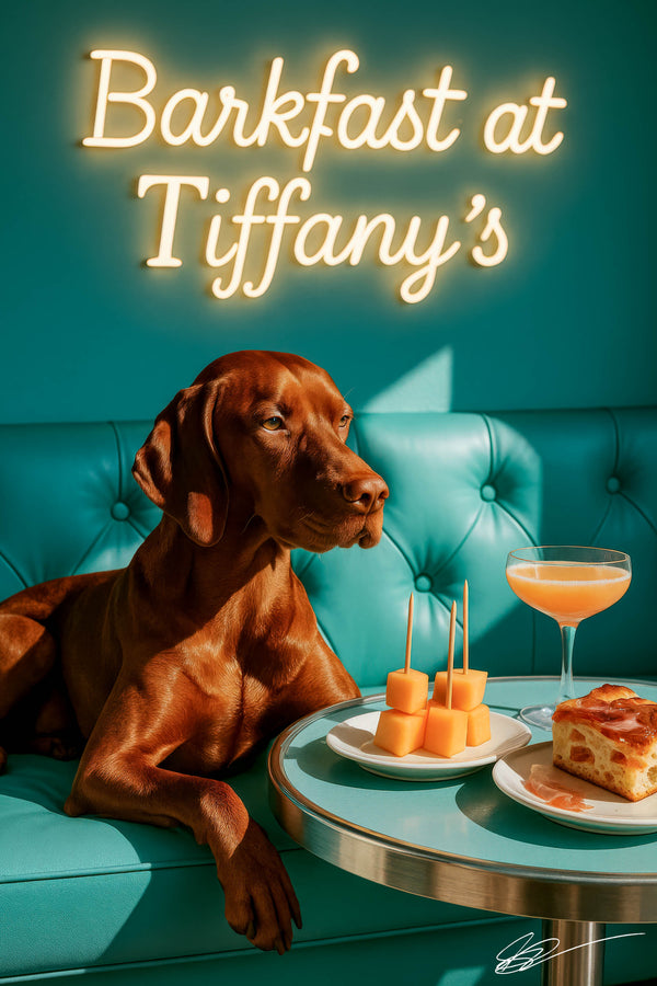 Sleek Vizsla with a russet coat lounging on a turquoise banquette beneath a neon Barkfast at Tiffany’s sign in a chic café setting