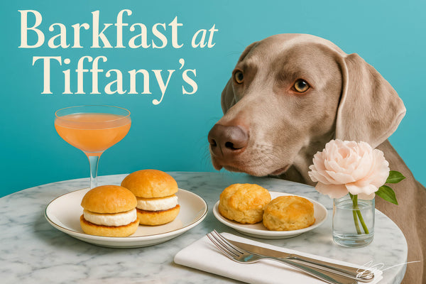 Weimaraner with steel-gray coat seated by a marble table under a neon Barkfast at Tiffany’s sign in a chic café setting
