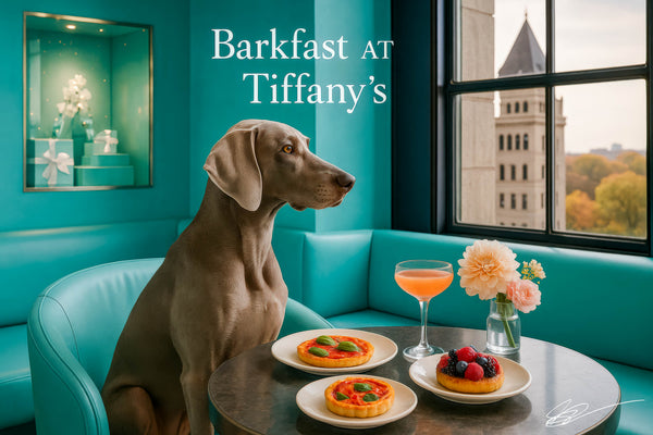 Weimaraner seated in an aqua café booth by a window overlooking a city tower with wrapped boxes in a recessed niche