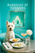 West Highland Terrier in aqua scarf seated on a teal banquette under a neon café sign with stacked gift boxes behind