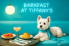White West Highland Terrier on a teal banquette with sea-green scarf and neon café sign