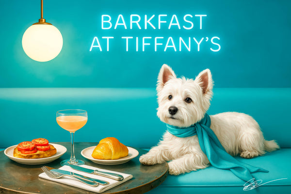 White West Highland Terrier on a teal banquette with sea-green scarf and neon café sign