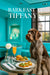 Wirehaired pointing griffon wearing a teal scarf seated at a round metal table with three muffins arugula toast and a peach cocktail against a teal banquette and city window