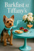 Yorkshire terrier wearing a turquoise scarf standing next to a teal pedestal table with ricotta crostini berry tarts a peach cocktail and white peonies in a vase