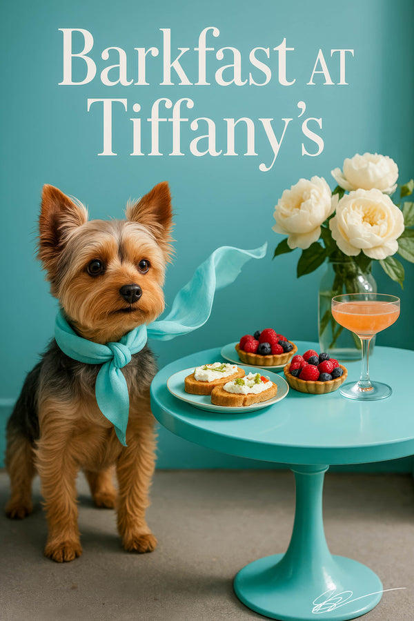 Yorkshire terrier wearing a turquoise scarf standing next to a teal pedestal table with ricotta crostini berry tarts a peach cocktail and white peonies in a vase