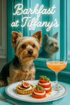 Yorkshire terrier seated at a teal table with stacked tomato and mozzarella caprese towers a fig tart and a peach cocktail by a window