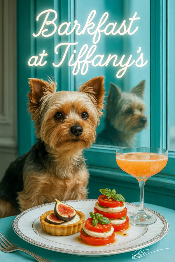Yorkshire terrier seated at a teal table with stacked tomato and mozzarella caprese towers a fig tart and a peach cocktail by a window
