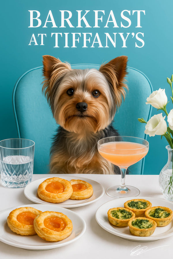 Yorkshire terrier seated at a turquoise chair behind a marble table with plates of apricot-filled puff pastries mini spinach tarts a peach cocktail a water glass and white flowers