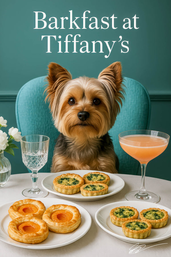 Yorkshire terrier seated on a teal chair behind a white table with plates of apricot jam tarts spinach quiches a peach cocktail a water glass and white lisianthus