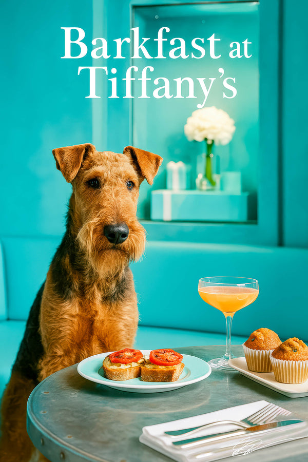 Airedale Terrier enjoying brunch at a turquoise Tiffany’s café table with a cocktail and muffins