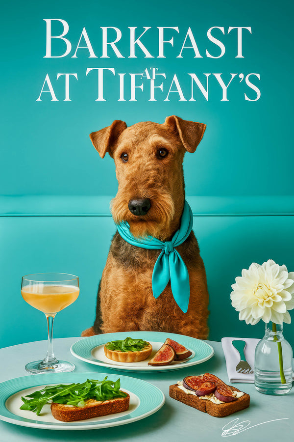 Airedale Terrier wearing a Tiffany blue scarf seated at a brunch table with fig toast, arugula tartlets, mimosa, and a white bloom