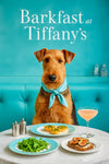 Airedale Terrier wearing a Tiffany-blue scarf seated at a marble table with mini spinach quiches, arugula salad, fig toast, and a peach mimosa