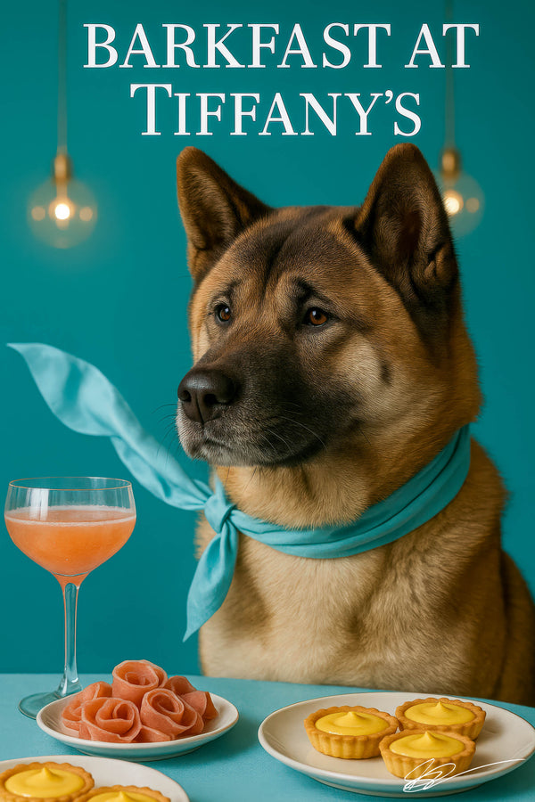 Akita wearing a Tiffany-blue scarf seated at a brunch table with prosciutto roses, lemon tarts, and a peach-colored cocktail