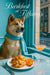 Akita wearing a Tiffany-blue scarf seated by a window with ham-and-cheese croissant sandwiches, peach slices, and a peach cocktail