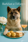 Akita wearing a Tiffany-blue scarf seated at a brunch table with savory choux puffs, salmon tea sandwiches, a peach cocktail, and a white peony