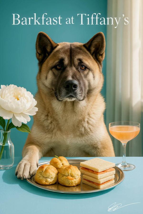 Akita wearing a Tiffany-blue scarf seated at a brunch table with savory choux puffs, salmon tea sandwiches, a peach cocktail, and a white peony