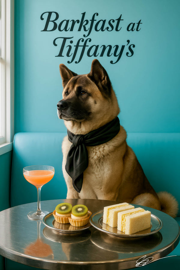 Akita wearing a black scarf seated at a Tiffany-blue café table with kiwi tarts, tea sandwiches, and a peach cocktail
