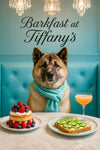 Akita wearing a Tiffany-blue scarf seated at a brunch table with layered berry sponge cake, cucumber-topped toast, a peach cocktail, and crystal chandeliers overhead
