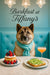 Akita wearing a Tiffany-blue scarf seated at a brunch table with layered berry sponge cake, cucumber-topped toast, a peach cocktail, and crystal chandeliers overhead