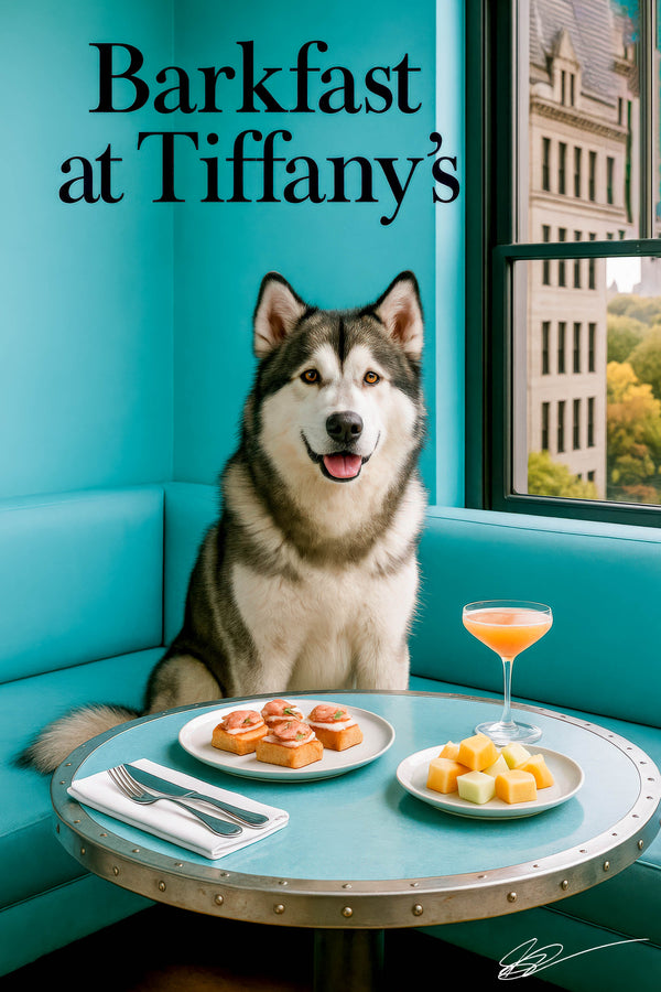 Alaskan Malamute wearing a Tiffany-blue scarf seated at a café table with shrimp canapés, melon cubes, and a peach cocktail by a window
