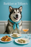Alaskan Malamute wearing a Tiffany-blue scarf seated at a Tiffany-blue table with fig-topped braided pastries, cucumber tea sandwiches, and a peach cocktail by a city-view window