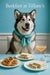 Alaskan Malamute wearing a Tiffany-blue scarf seated at a Tiffany-blue table with fig-topped braided pastries, cucumber tea sandwiches, and a peach cocktail by a city-view window