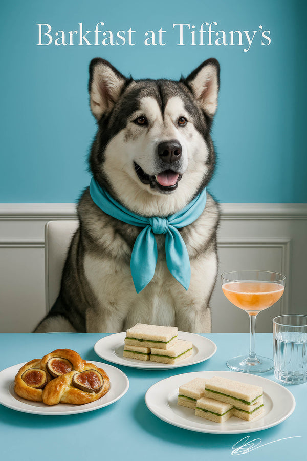 Alaskan Malamute wearing a Tiffany-blue scarf seated at a Tiffany-blue table with fig-topped braided pastries, cucumber tea sandwiches, and a peach cocktail by a city-view window