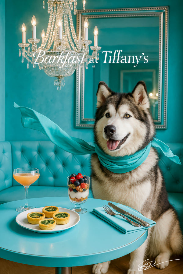 Alaskan Malamute wearing a Tiffany-blue scarf seated at a Tiffany-blue café table with mini spinach quiches, a berry yogurt parfait, and a peach cocktail under a crystal chandelier