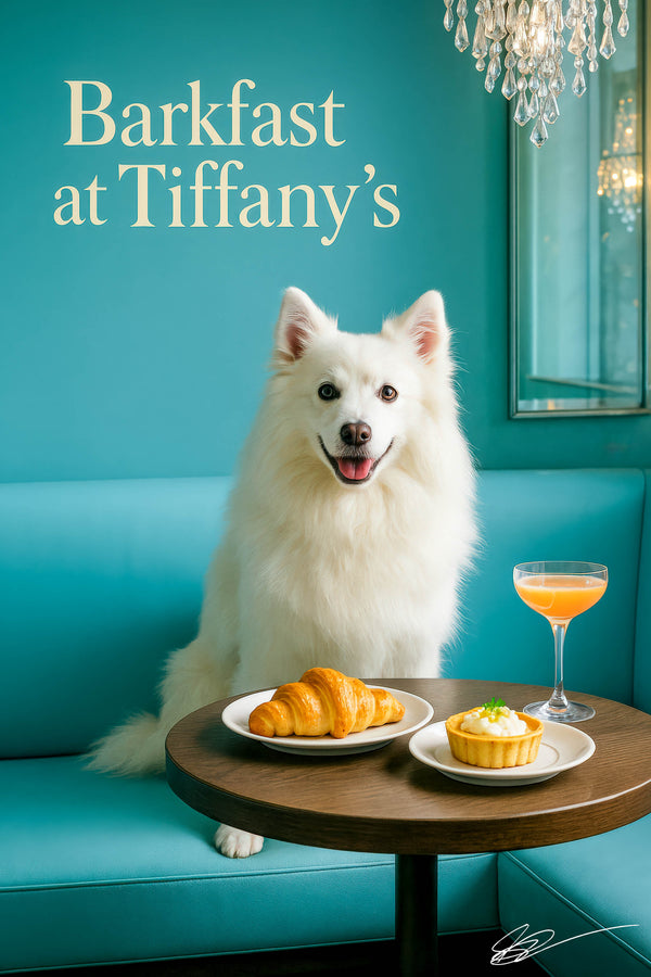 American Eskimo Dog beneath a crystal chandelier seated at a Tiffany-blue café table with a croissant, savory potato tart, and a peach cocktail