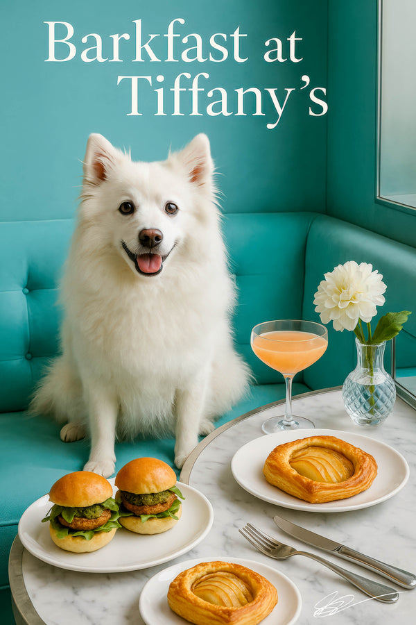 American Eskimo Dog seated at a Tiffany-blue café table with brioche veggie sliders, fruit tarts, a peach cocktail, and a white flower in a vase