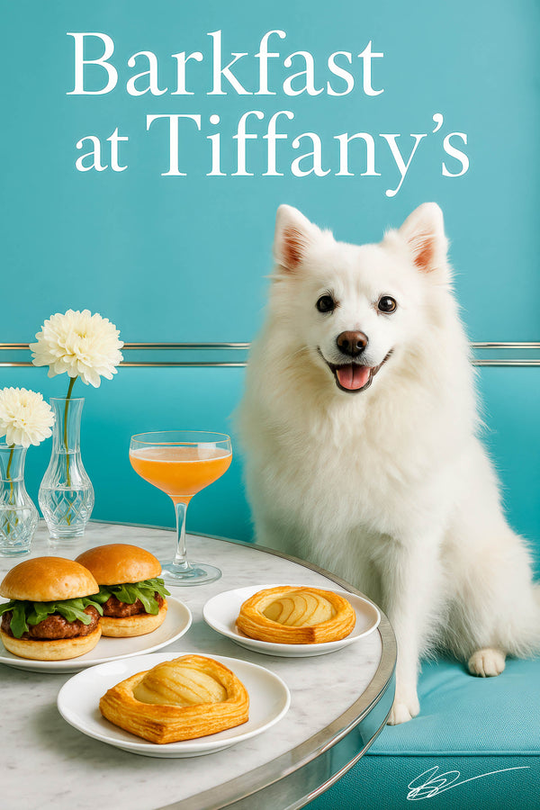 American Eskimo Dog seated beneath a crystal chandelier at a Tiffany-blue café table with mini spinach quiches, a berry & granola parfait, and a peach cocktail against a mirrored wall