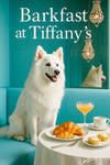 American Eskimo Dog seated at a Tiffany-blue café table with croissants, potato quiches, a coffee cup and a peach cocktail beneath sparkling chandeliers