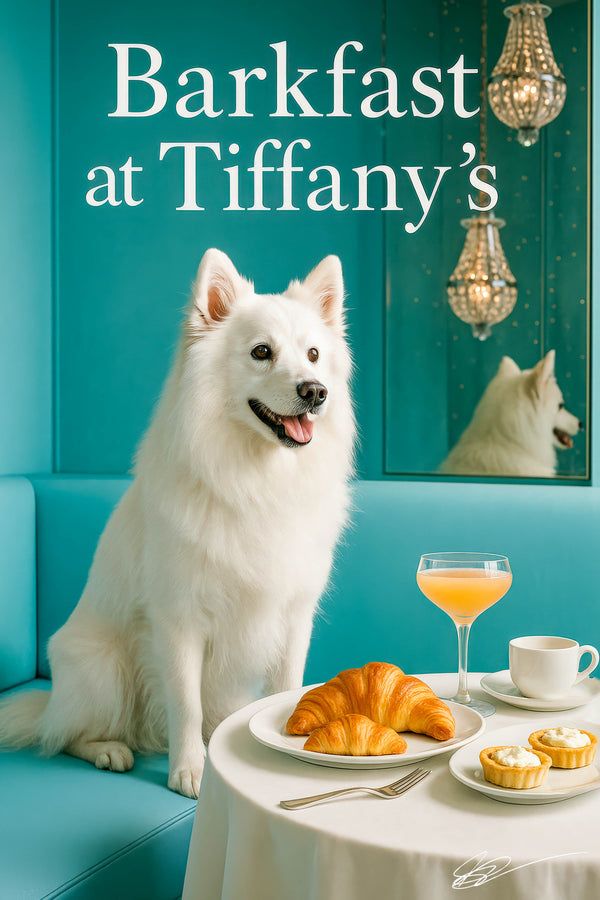 American Eskimo Dog seated at a Tiffany-blue café table with croissants, potato quiches, a coffee cup and a peach cocktail beneath sparkling chandeliers
