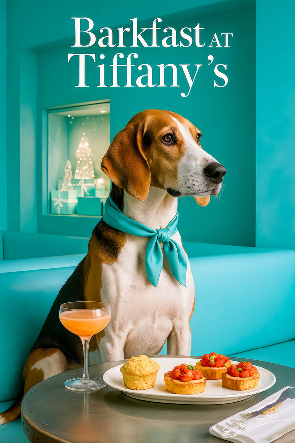 American Foxhound wearing a Tiffany-blue scarf seated at a café table with a cornbread muffin, tomato tartlets, and a peach cocktail