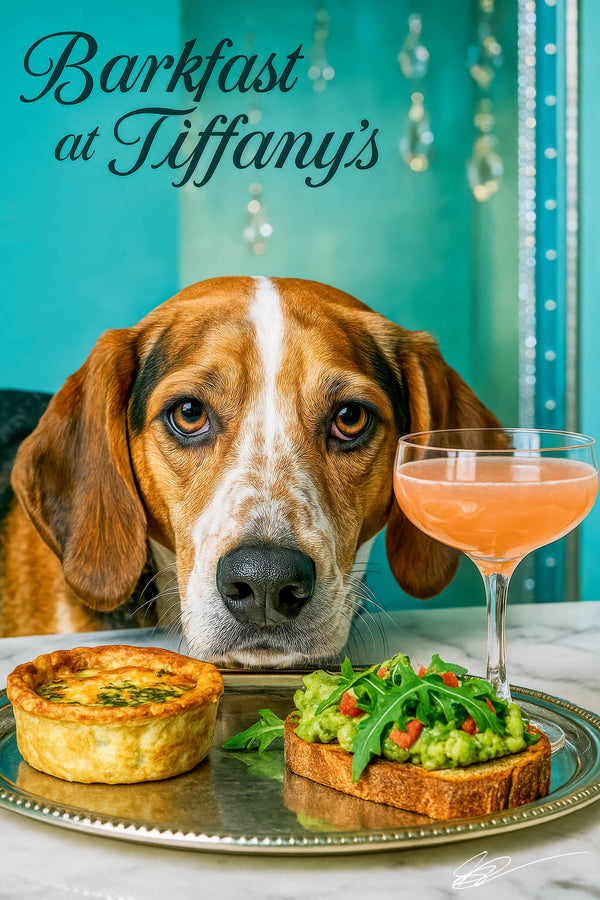 American Foxhound leaning on a silver tray with spinach quiche, avocado toast topped with arugula and tomato, and a peach cocktail in a Tiffany-blue café