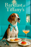 American Foxhound wearing a Tiffany-blue scarf seated at a café table with goat cheese tartlet, tomato & basil tartlet, and a peach cocktail