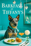 Australian Cattle Dog wearing a Tiffany-blue scarf seated at a café table with savory herb egg bites, corn-and-cheddar muffins, a peach cocktail, and a white dahlia
