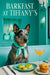 Australian Cattle Dog seated at a Tiffany-blue café table with savory egg-and-herb bites, a cheddar biscuit, a corn muffin, a peach cocktail, and a white dahlia