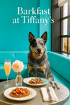 Australian Cattle Dog lounging at a Tiffany-blue café table with heirloom tomato toast, fig and cheese toast, a peach cocktail, and a white dahlia by a window