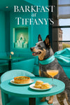 Australian Cattle Dog wearing a Tiffany-blue scarf seated at a Tiffany-blue café table with a spinach quiche, two sugar-dust scones, and a peach cocktail
