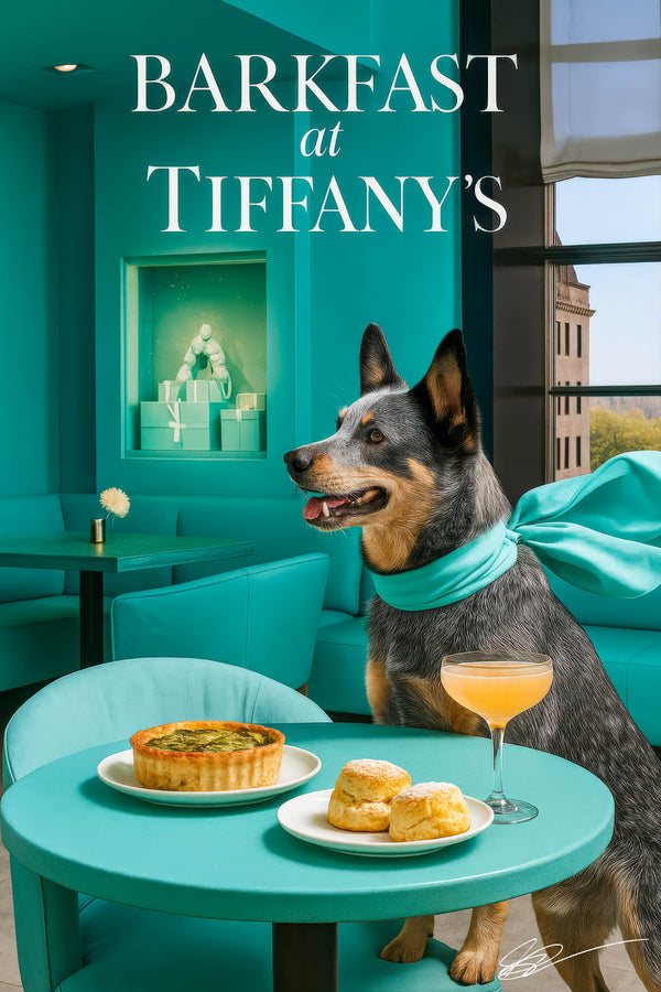 Australian Cattle Dog wearing a Tiffany-blue scarf seated at a Tiffany-blue café table with a spinach quiche, two sugar-dust scones, and a peach cocktail