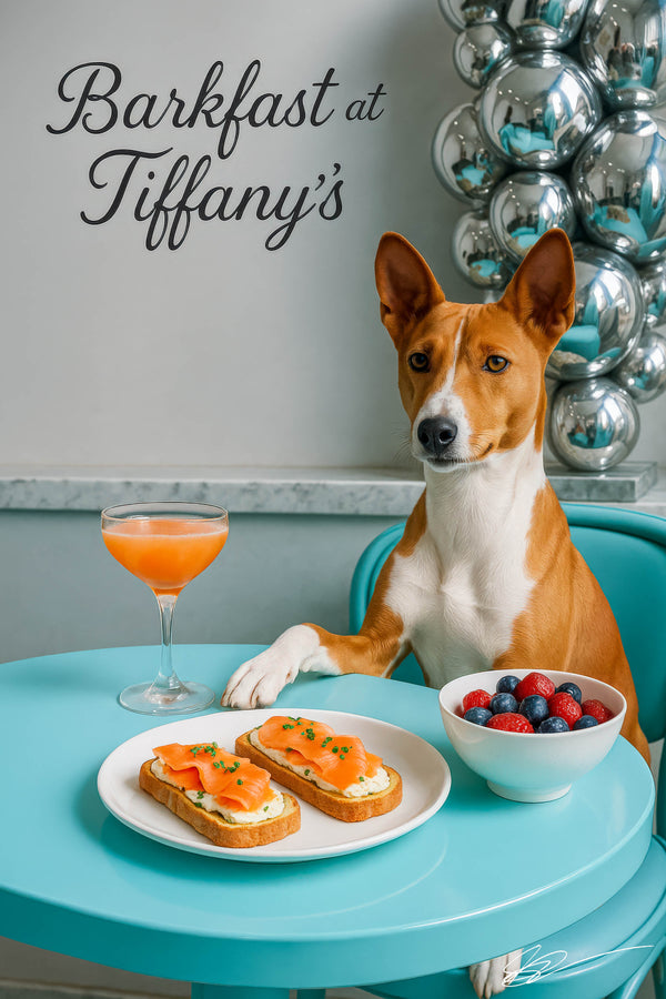 Basenji dog at a Tiffany-blue café table with smoked-salmon toast garnished with chives, a bowl of raspberries and blueberries, and a peach cocktail beside a silver bubble sculpture