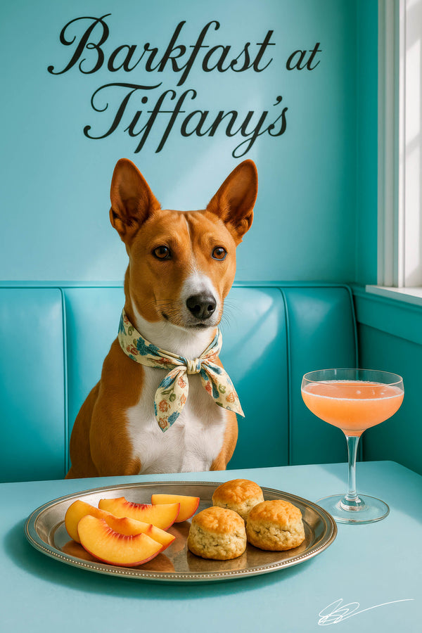 Basenji wearing a floral scarf seated in a Tiffany-blue café booth with a silver tray of peach slices, three herb scones, and a peach cocktail