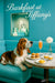 Basset Hound on a Tiffany-blue banquette with two sausage-egg breakfast sliders on brioche buns, a lemon curd tart, two meringue-topped tartlets, and a peach cocktail under bright brunch lighting