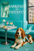 Basset Hound wearing a Tiffany-blue scarf lying by a marble table with a spinach quiche, Greek yogurt berry parfait, peach cocktail, salt & pepper shakers, and a white dahlia