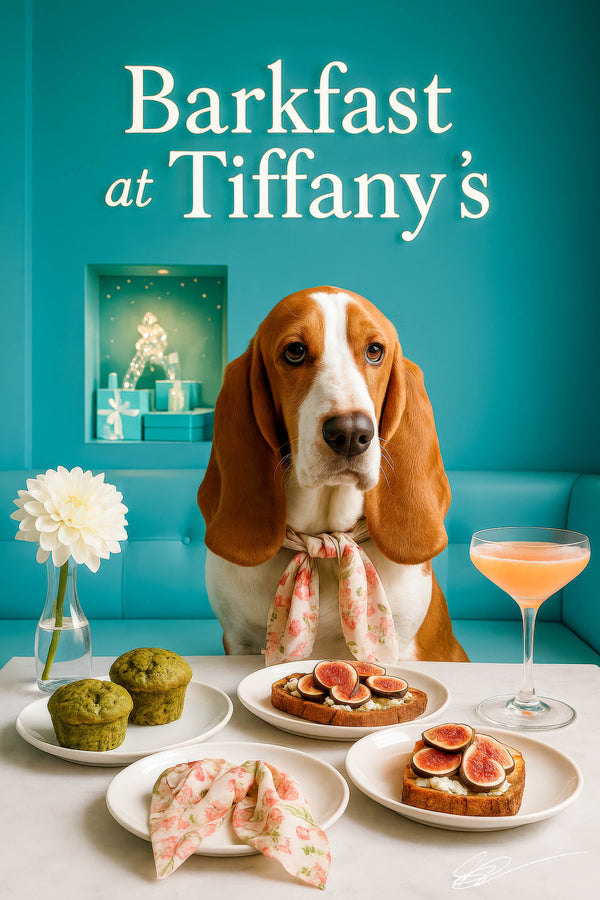 Basset Hound wearing a floral scarf seated at a table with matcha muffins, fig toast, a peach cocktail, and a white dahlia