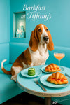 Basset Hound on a Tiffany-blue banquette with two smoked salmon croissants, a stack of cucumber ribbons, and a peach cocktail